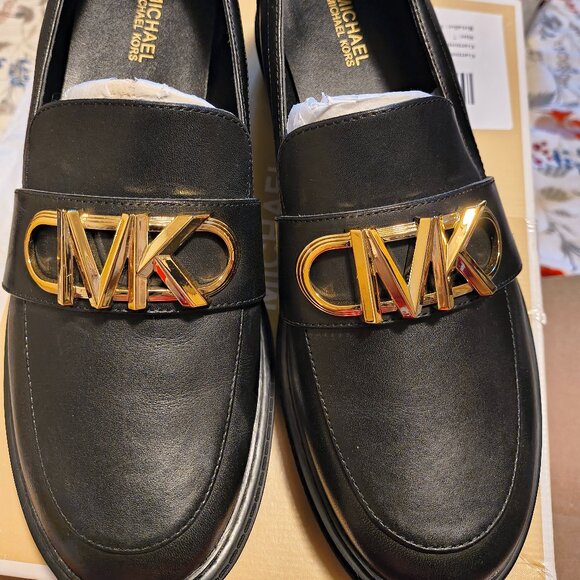 MICHAEL Michael Kors Black Loafers with Gold Logo - Picture 1 of 5